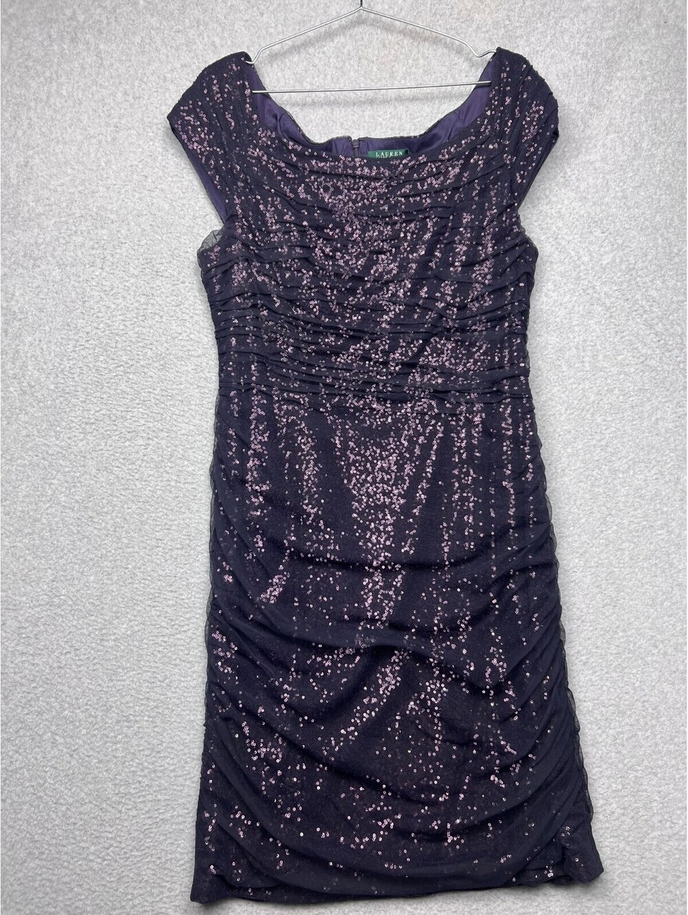 Lauren Ralph Lauren Evening Dress 16 Purple Sequin Ruched Cocktail Wedding Guest